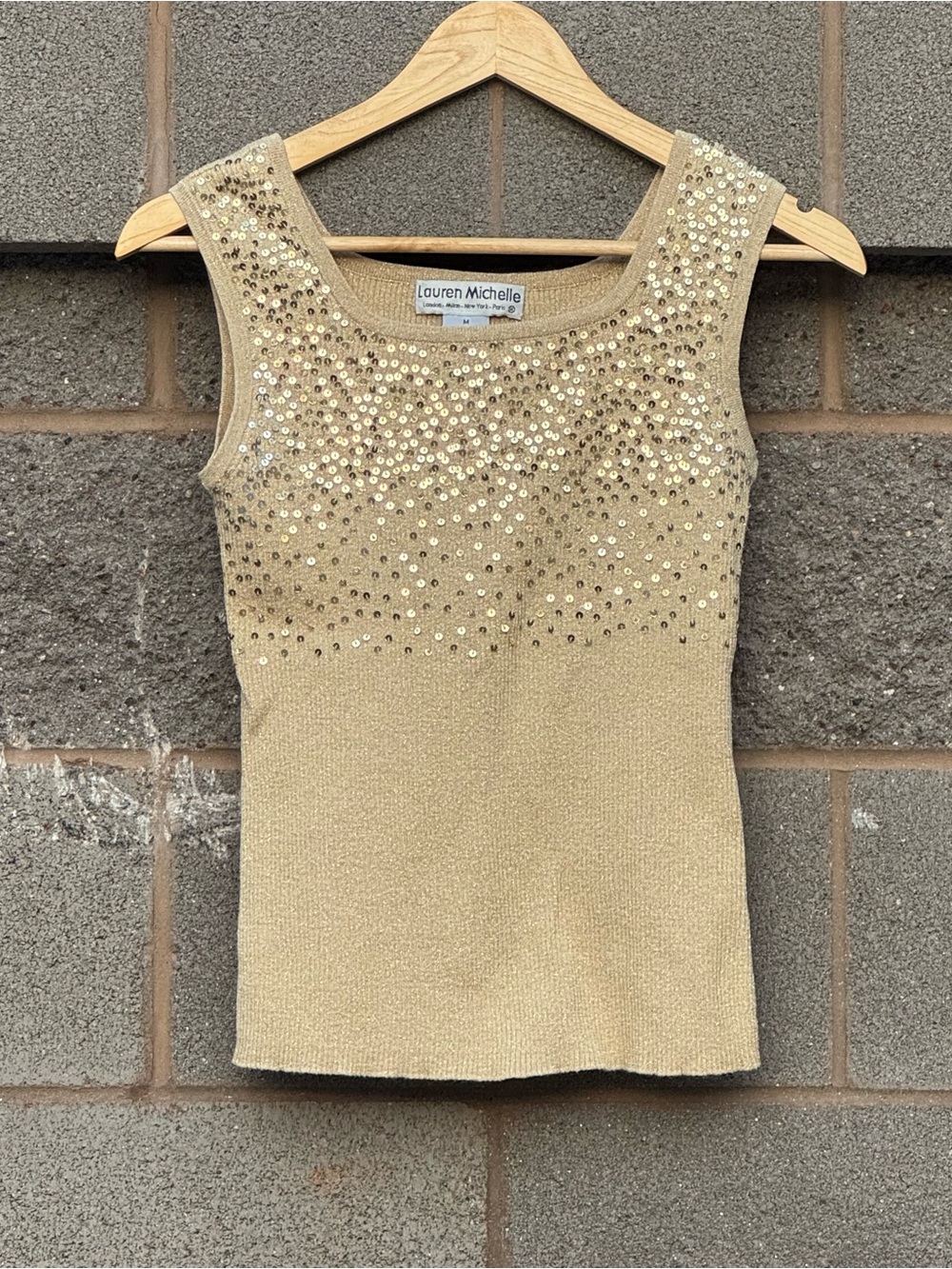 Women’s Vintage Y2K Lauren Michelle Gold Metallic Knit Sequins Tank Top Medium